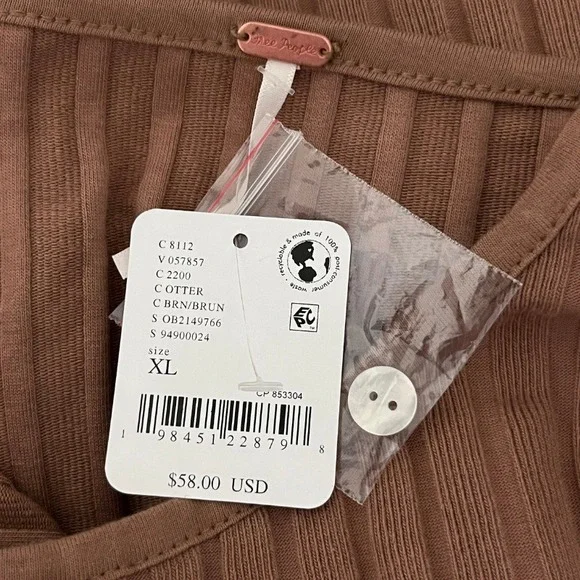 Free People Ribbed Button Down Long Sleeve Top Otter Brown XL - Picture 5 of 6